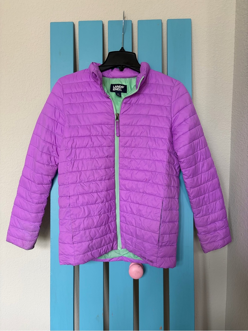 Lands' End Kids Quilted Puffer Jacket - Bright Purple with Mint Trim